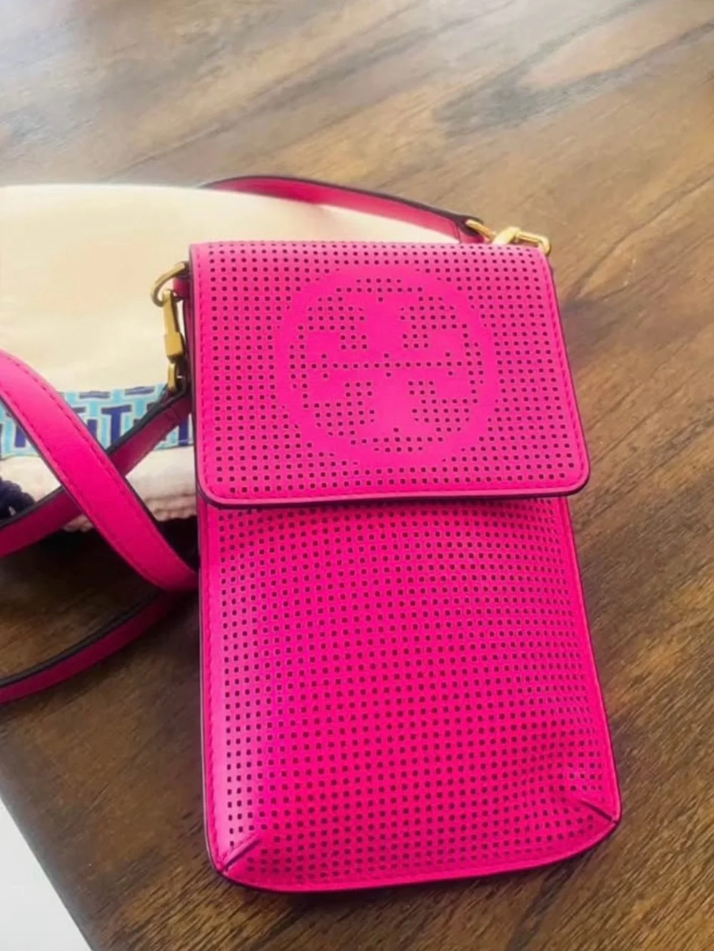 Tory Burch Hot Pink Perforated Crossbody Bag small perfect for cell and wallet